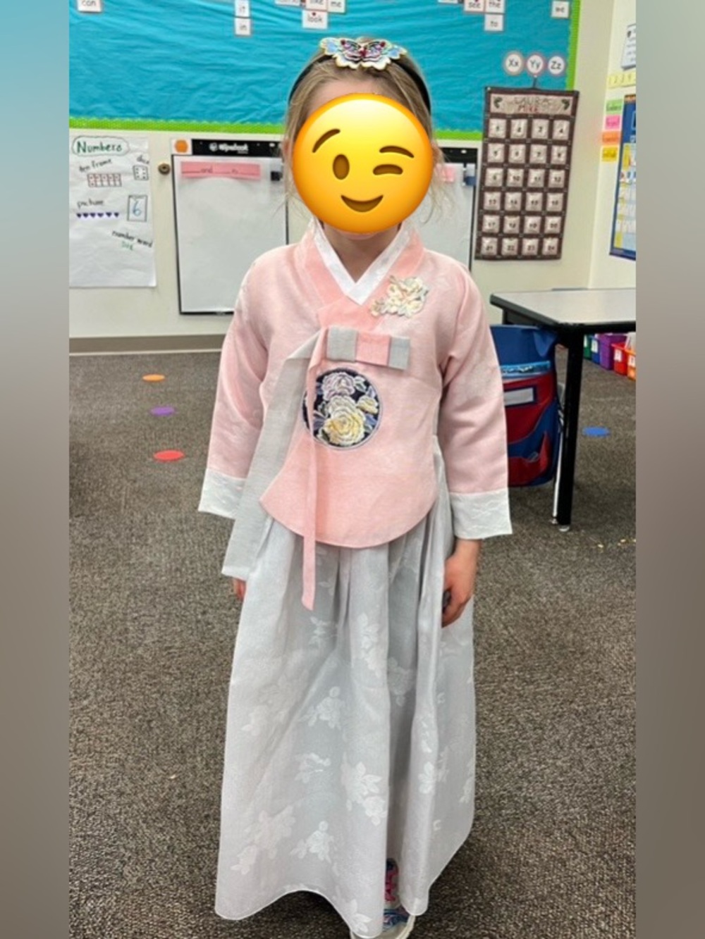Age 5-7 한복 Korean Hanbok Dress for Girls Pink & Light Gray Costume Made in Korea